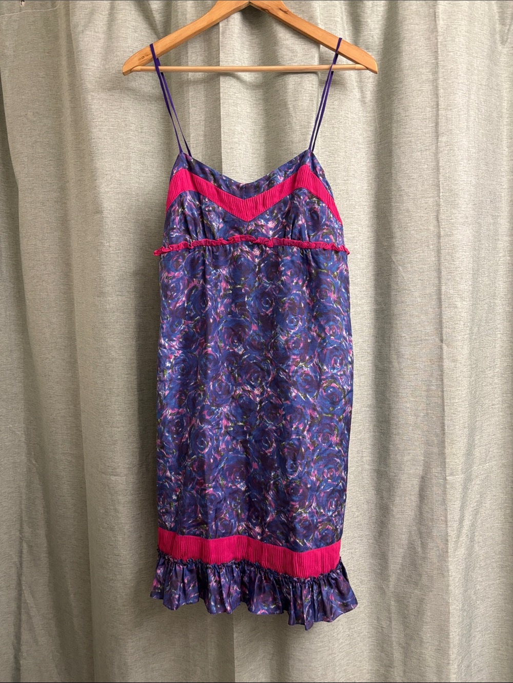 Betsey Johnson Y2K Babydoll Mini Silk Slip Dress Purple w Pink Ruffle Details